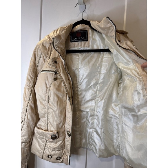 Womens Cream Metallic Hooded Jacket Zip Pockets Moto Style Size M L1.2 - Picture 9 of 10